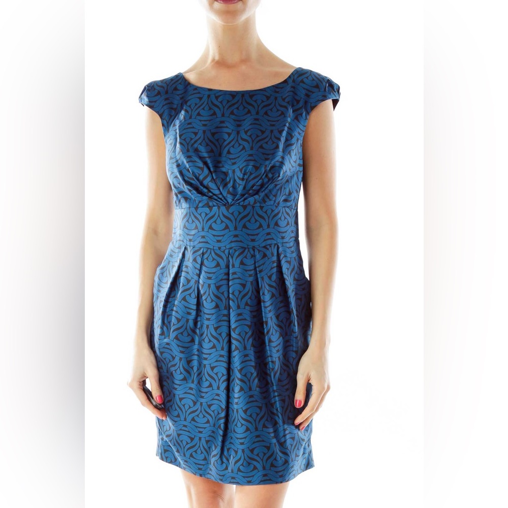 BANANA REPUBLIC SILK SLEEVELESS Dress sz. 4 Petite Blue Black Sheath Small GUC